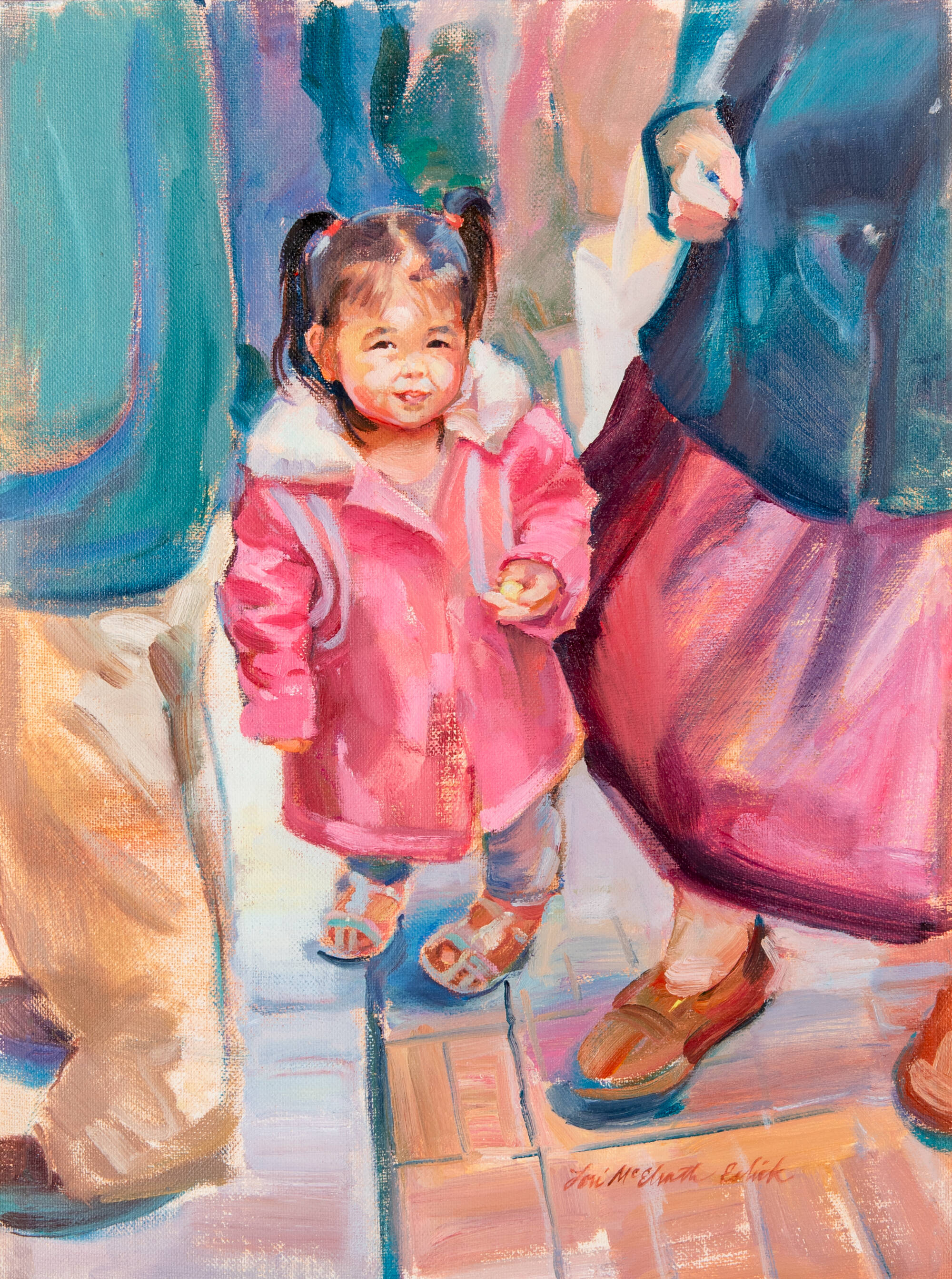 Painting of a young girl in a pink coat with two adults standing around her.